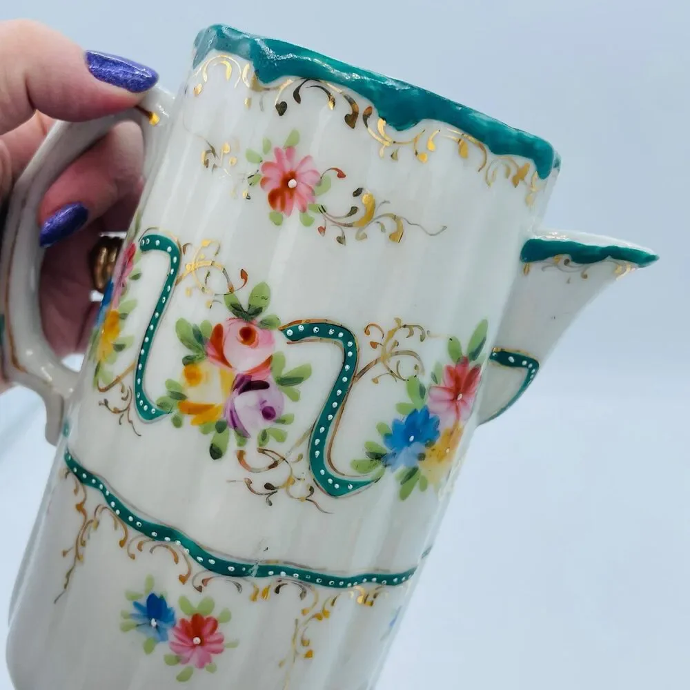 Vintage Porcelain Hot Chocolate Pot Pitcher With Lid Hand Painted Floral Green